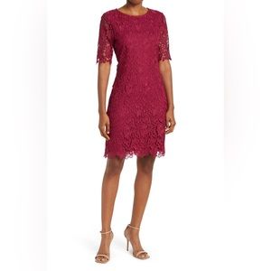 Nina Leonard Jewel Neck Lace Dress Sangria NWT